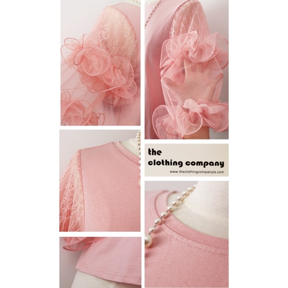 Pink Lace Tulle Flutter Sleeves Pretty Tee T Shirt - Picture 4 of 8